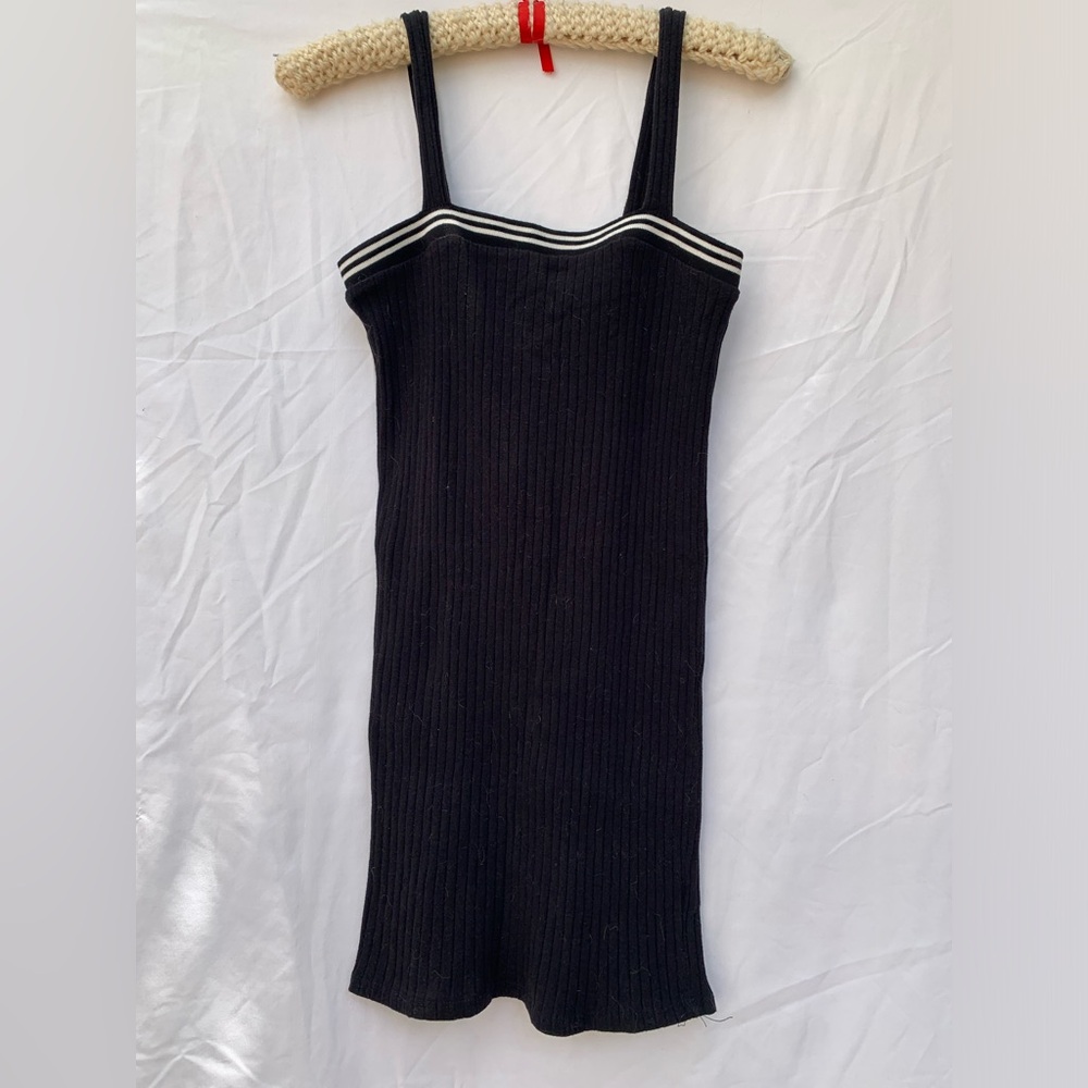 HEART & HIPS ribbed black Dress with white stripe trim.